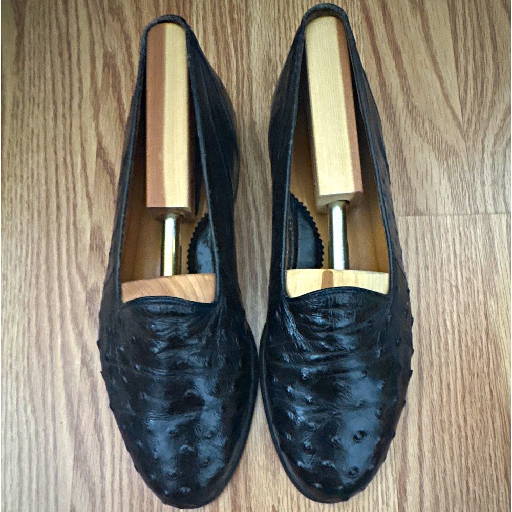 De La Rentis Mens Black Textured OSTRICH Leather Slip-On Loafer Flats 9.5